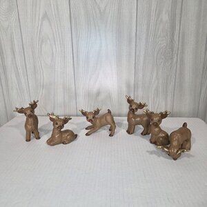 Vtg Kimple Mold Set of 6 Hand Painted Quilted Ceramic Reindeer Figurines